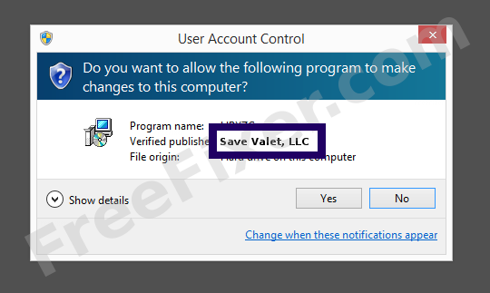 Screenshot where Save Valet, LLC appears as the verified publisher in the UAC dialog